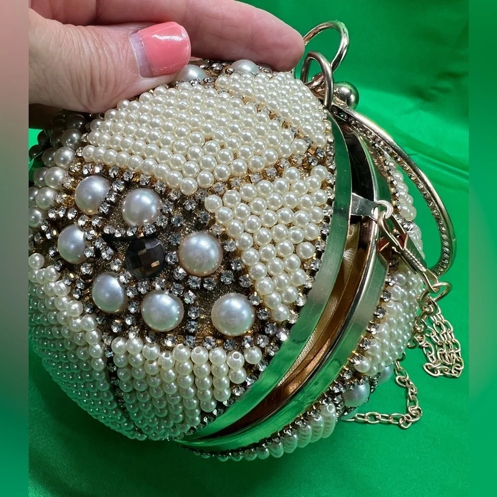 Unique Round beaded: Evening Clutch, wedding wristlet with long gold chain
